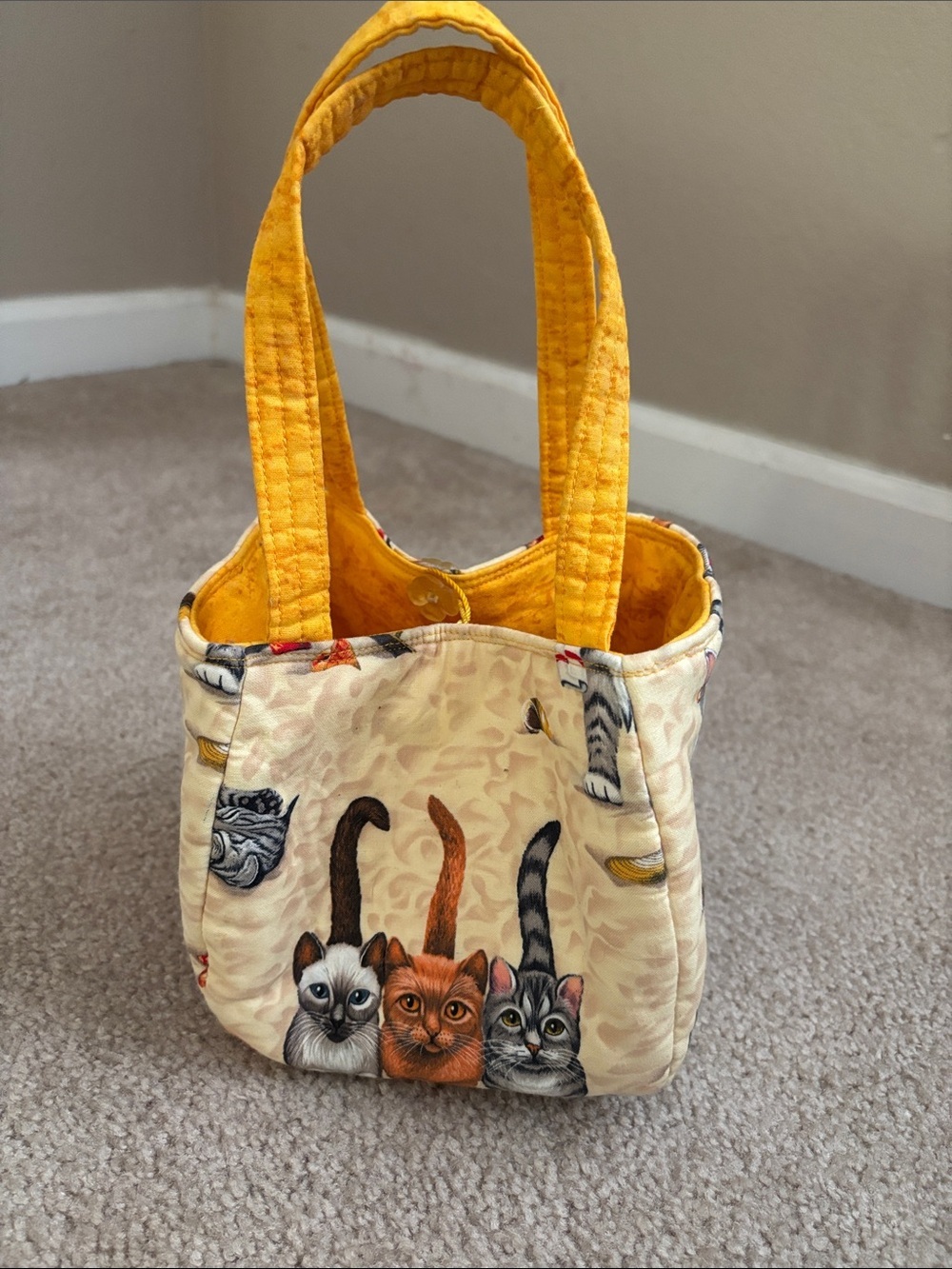 Handmade Cute Cat Print Quilted Mini Tote Bag